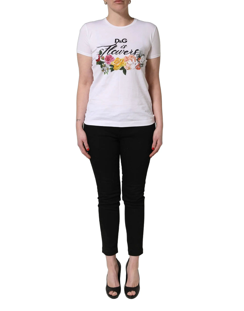 Dolce & gabbana t-shirt blanc en coton avec motif floral coloré et texte d&g is flowers sur la poitrine