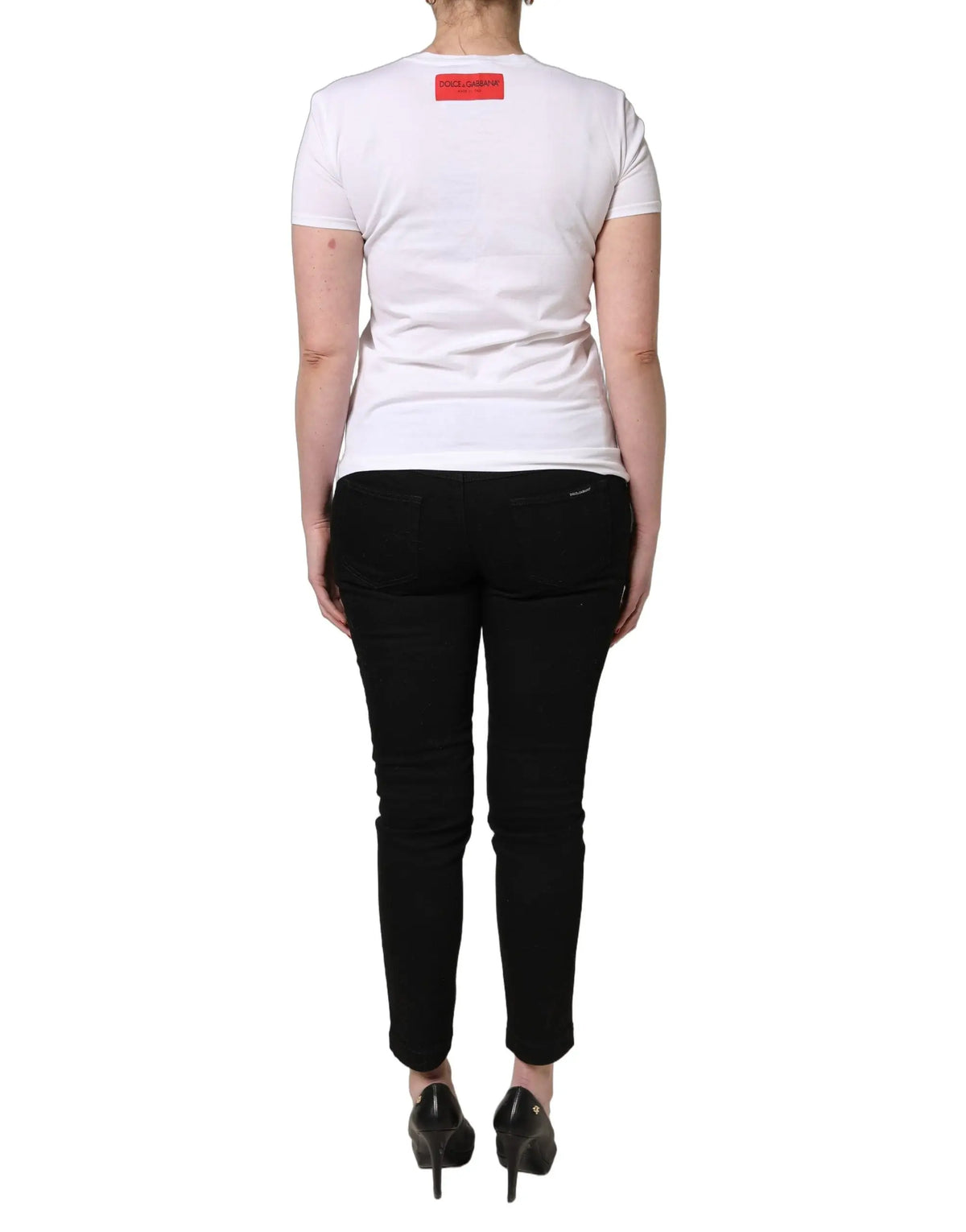 T-shirt blanc dolce & gabbana à manches courtes avec motif floral et étiquette rouge au dos du col