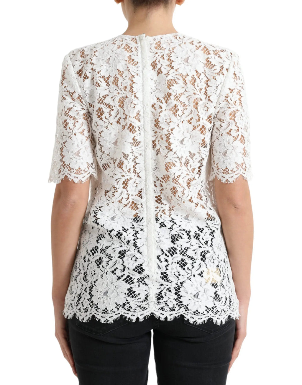 Blouse blanche en coton avec dentelle florale et manches courtes dolce & gabbana col rond