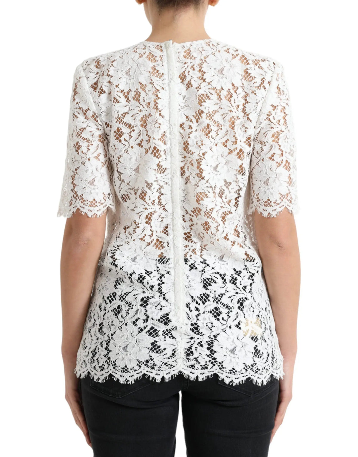 Blouse blanche en coton avec dentelle florale et manches courtes dolce & gabbana col rond