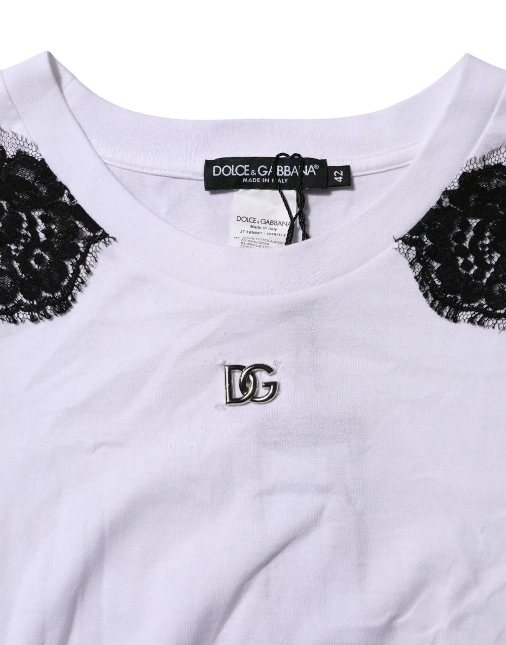 T-shirt blanc dolce & gabbana en coton avec dentelle noire aux épaules et logo dg brodé au centre