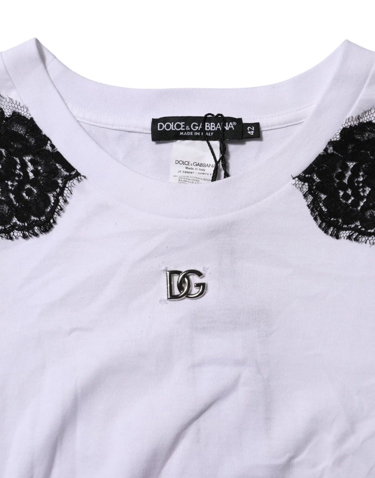 T-shirt blanc dolce & gabbana en coton avec dentelle noire aux épaules et logo dg brodé au centre