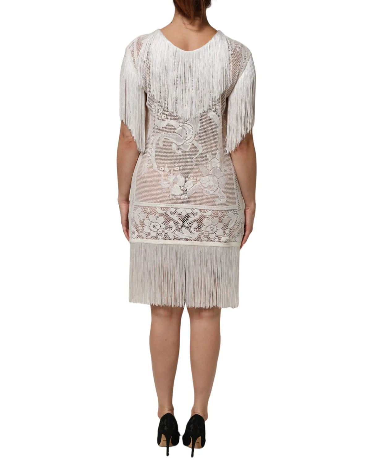 Robe blanche en dentelle dolce & gabbana avec broderie florale et franges aux épaules manches et ourlet