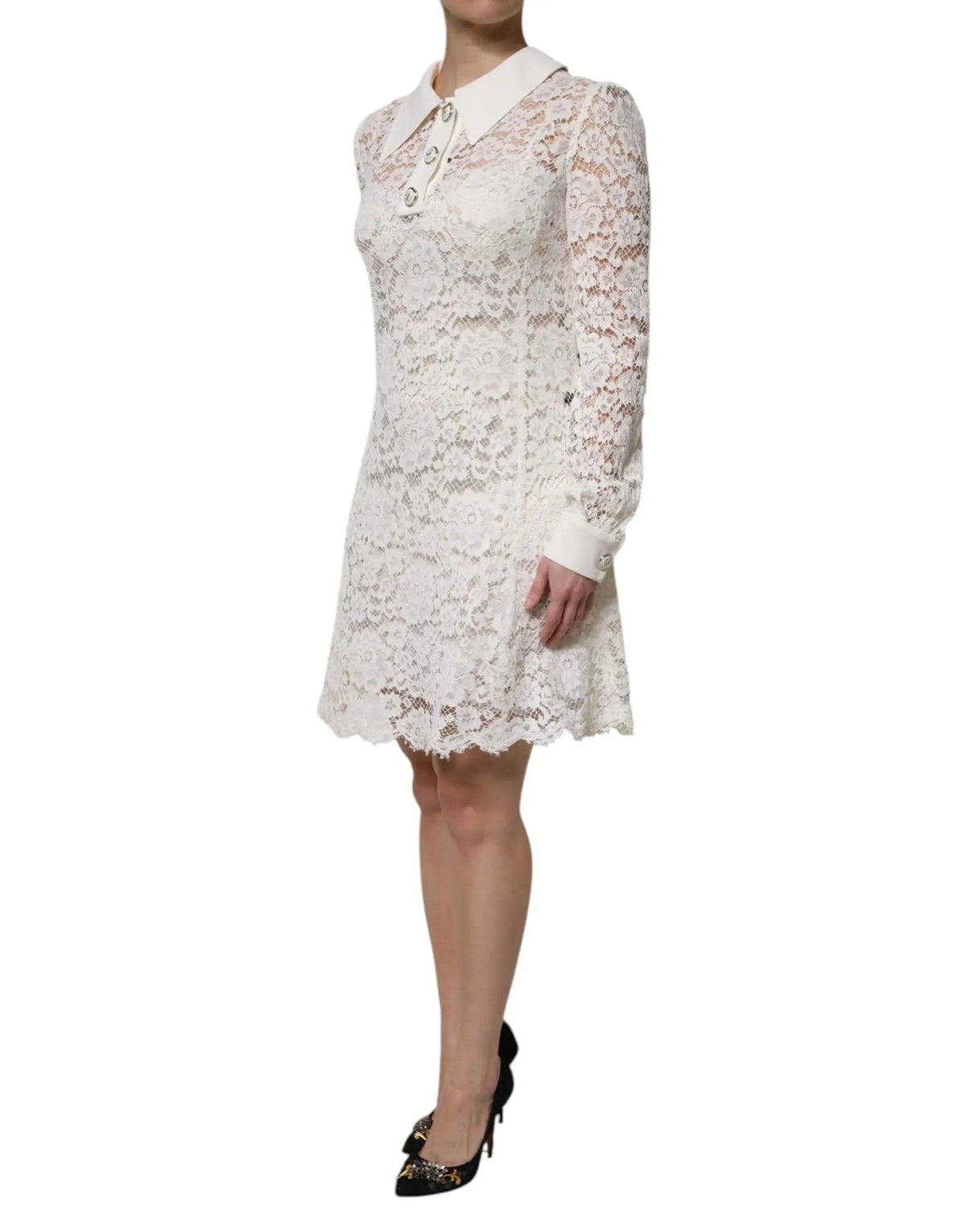 Robe blanche en dentelle florale dolce & gabbana à manches longues et col avec boutons délicats