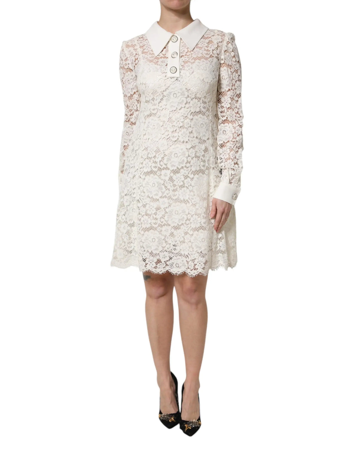 Robe ivoire en dentelle florale dolce & gabbana avec col classique manches longues et jupe évasée