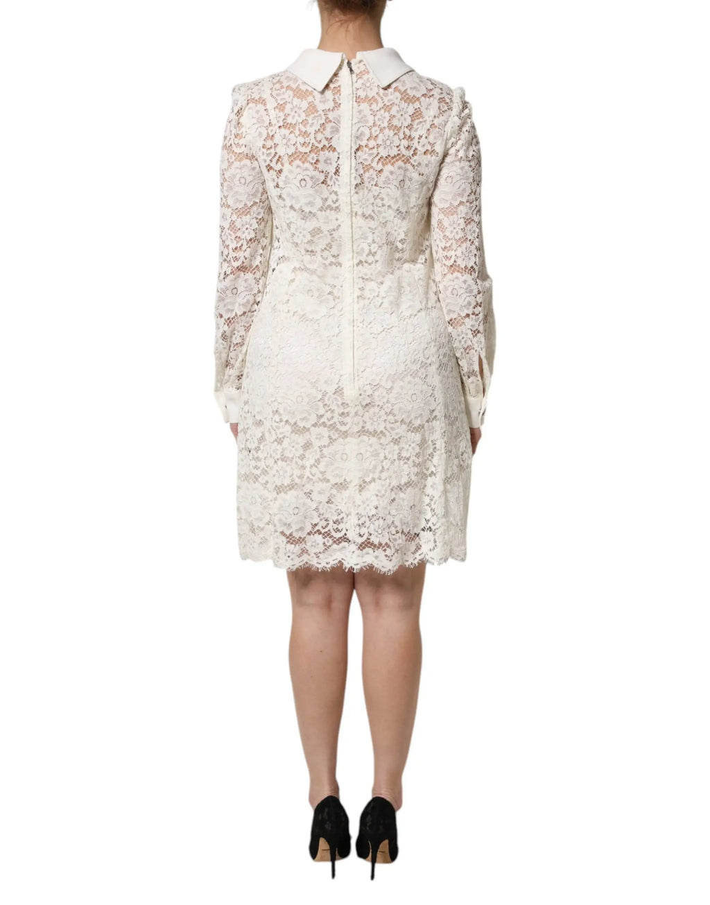 Robe droite blanche en dentelle florale dolce & gabbana avec col classique et manches longues délicates