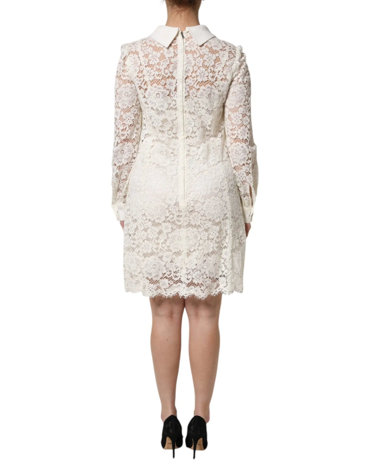Robe droite blanche en dentelle florale dolce & gabbana avec col classique et manches longues délicates