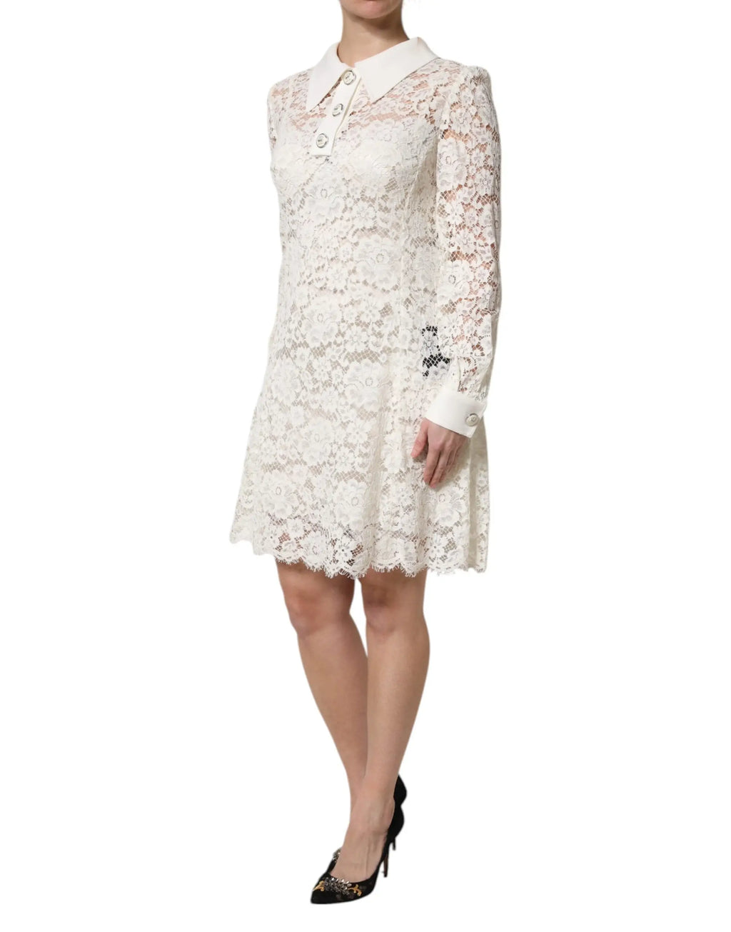 Robe droite en dentelle florale blanche dolce & gabbana avec col et manches longues