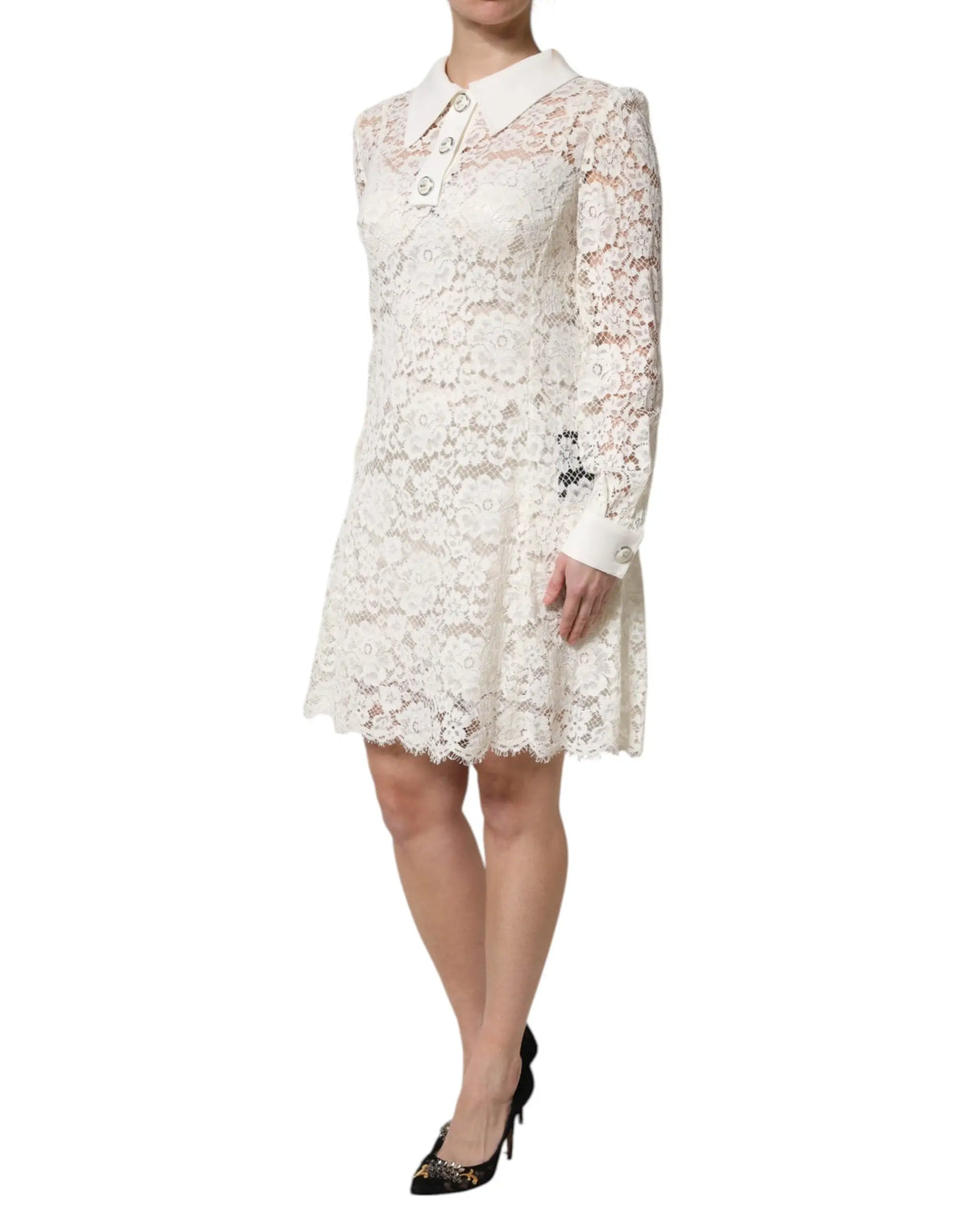 Robe droite en dentelle florale blanche dolce & gabbana avec col et manches longues