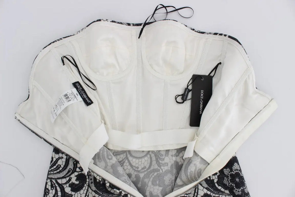 Corset maxi robe en soie blanche avec corsage en dentelle noire florale signée dolce & gabbana