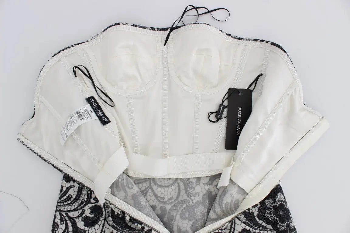 Corset maxi robe en soie blanche avec corsage en dentelle noire florale signée dolce & gabbana