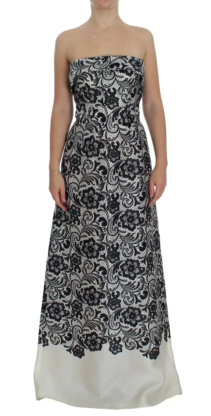 Robe maxi bustier en dentelle florale noire et blanche avec ourlet en satin dolce gabbana en soie