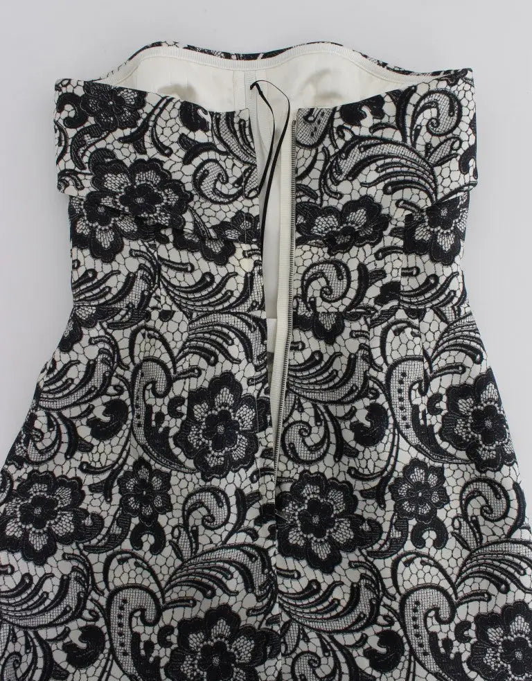 Robe longue blanc et noir en dentelle florale en soie avec corset dolce gabbana sans bretelles et bustier ajusté