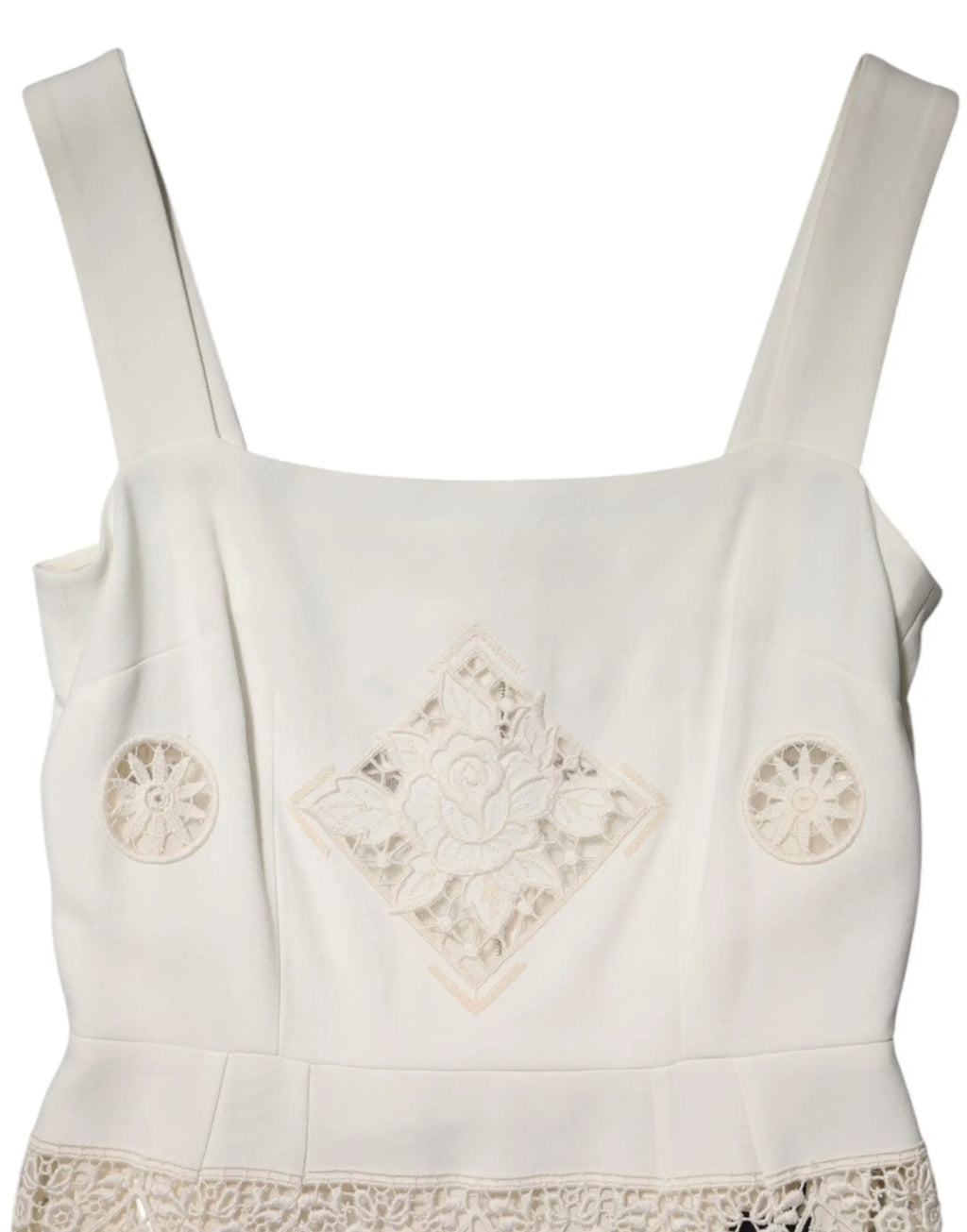 Top blanc sans manches dolce gabbana en dentelle florale avec broderies délicates et embellissements circulaires sur les côtés