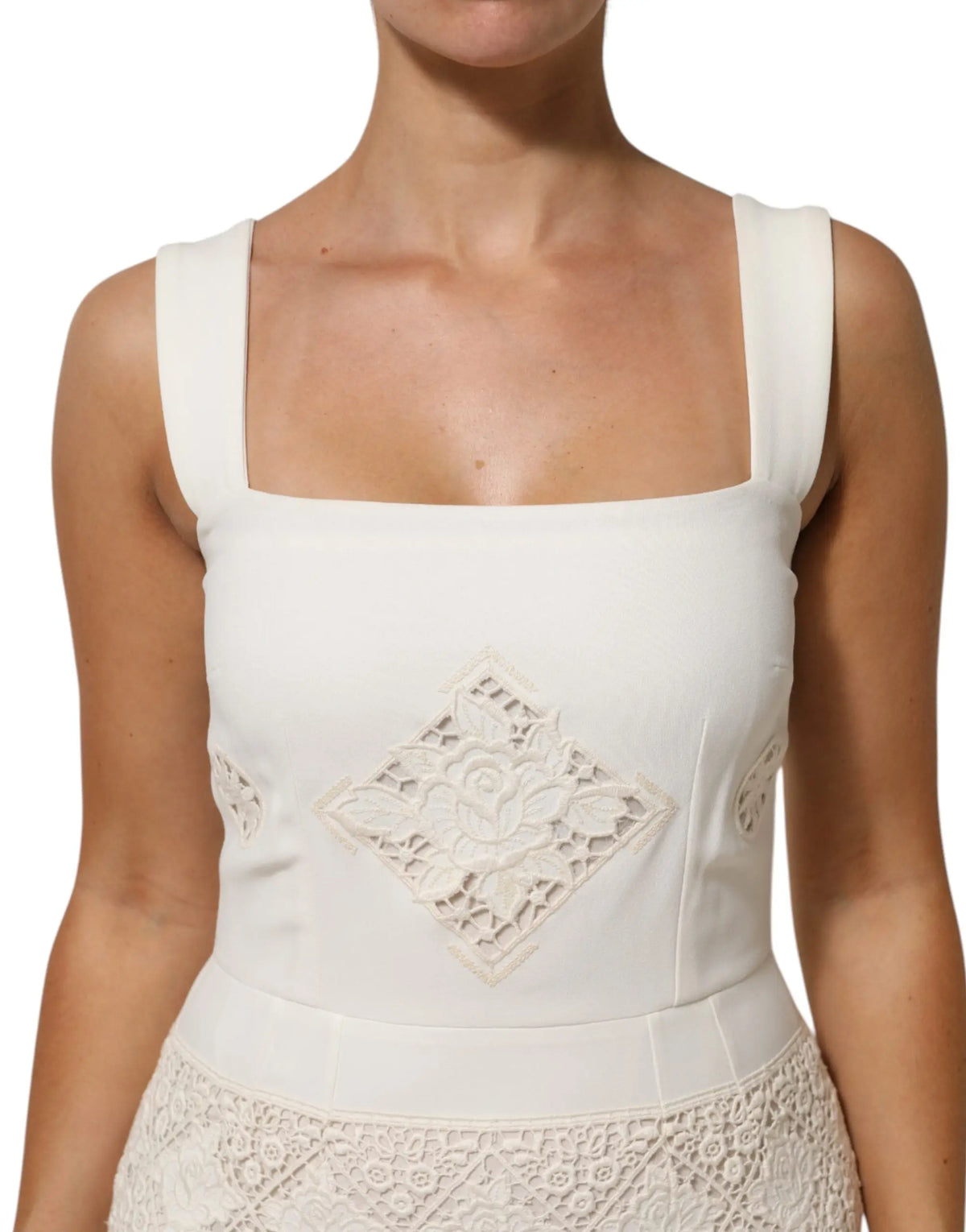 Robe midi blanche dolce & gabbana sans manches avec épaules carrées et appliqué floral en dentelle centrale