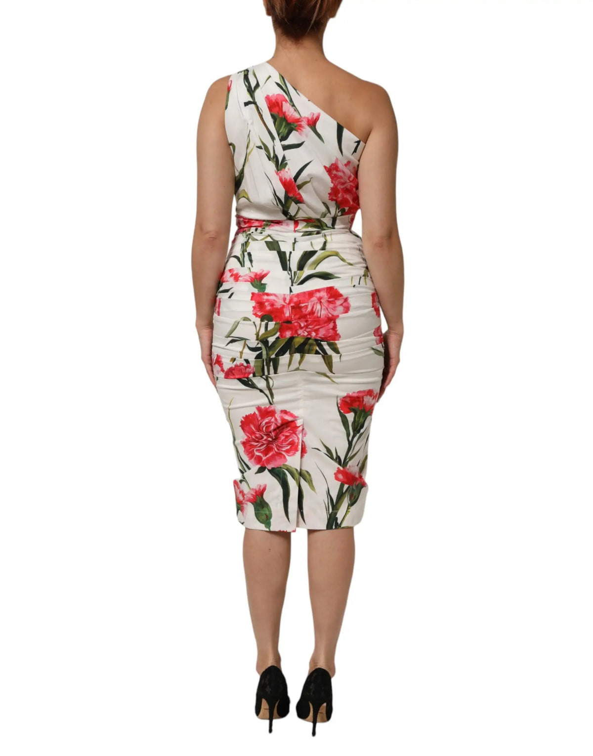 Robe blanche dolce gabbana une épaule longueur genou avec imprimé fleurs rouges et feuilles vertes