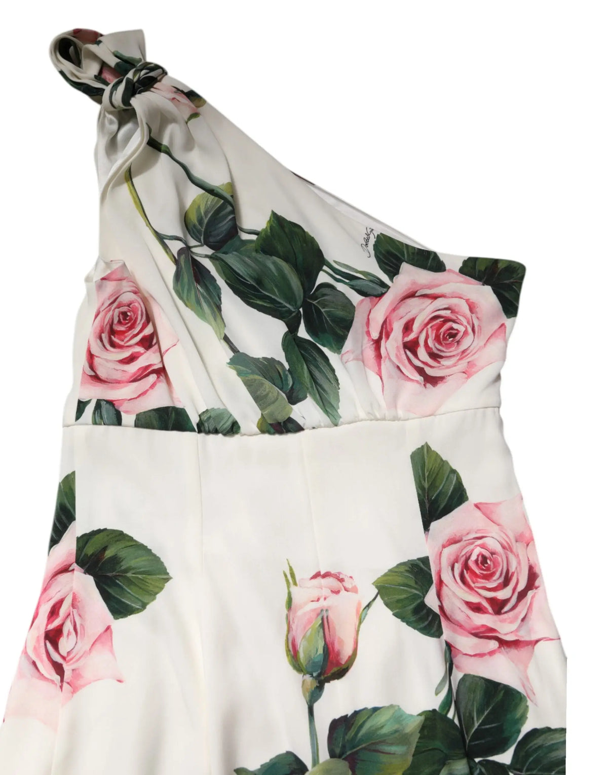 Robe midi fourreau blanche dolce gabbana une épaule avec motif floral vibrant de roses roses et feuilles vertes