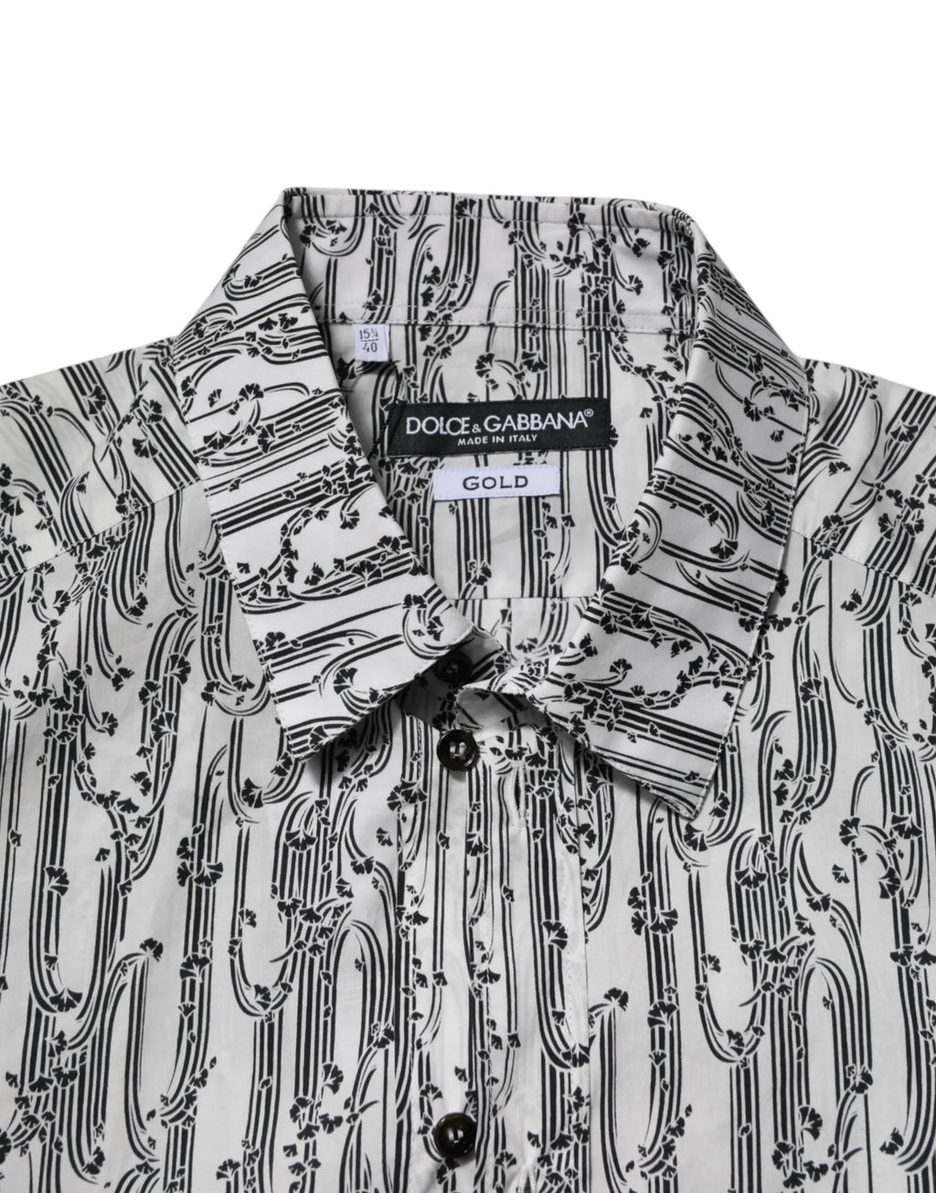 Chemise homme dolce gabbana blanche à manches longues avec imprimé botanique noir et étiquette signature dorée