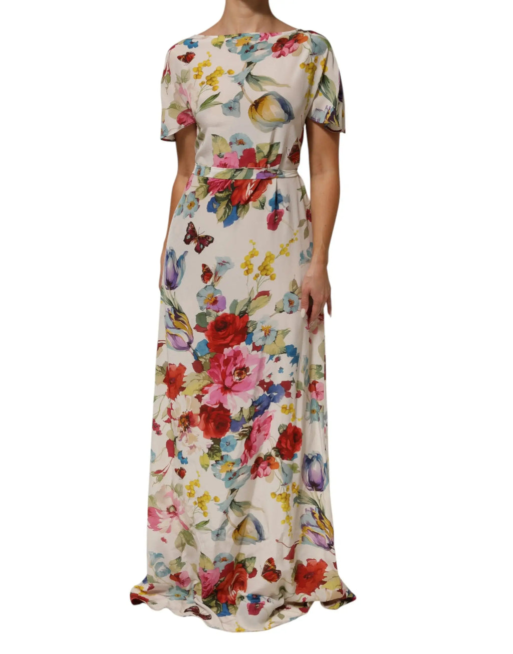 Robe longue blanche dolce gabbana en soie avec imprimé floral aquarelle coloré et papillons