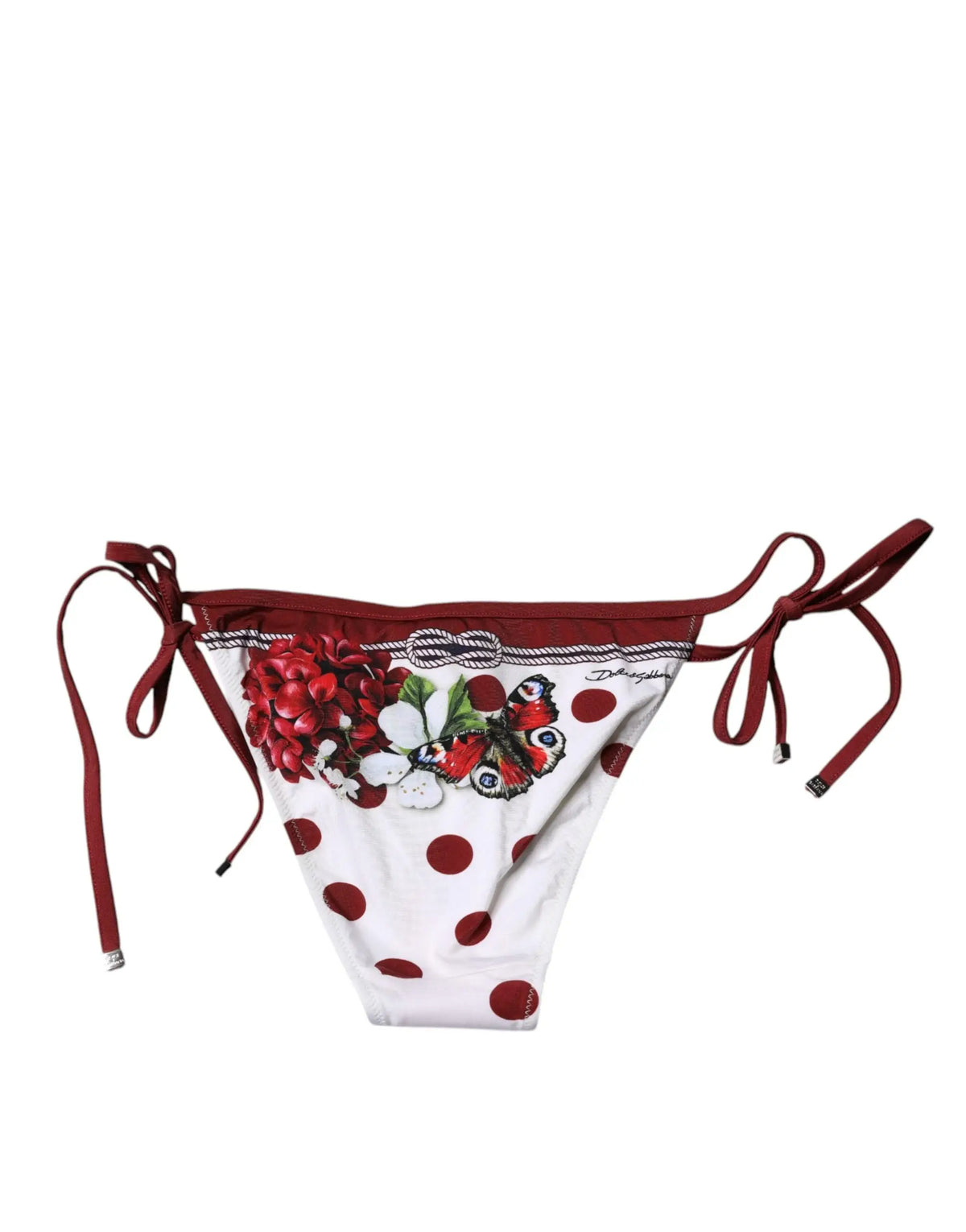 Dolce & gabbana bikini bas blanc à pois rouges avec imprimé floral et papillon et liens latéraux noués rouges