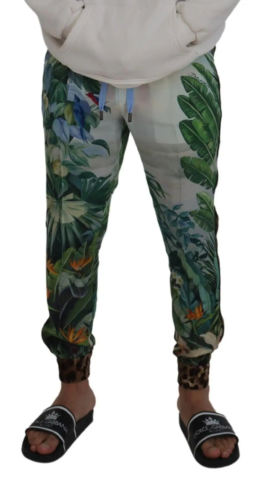 Pantalon jogger homme dolce & gabbana blanc à imprimé floral avec feuillages tropicaux verts et bleus et bord léopard