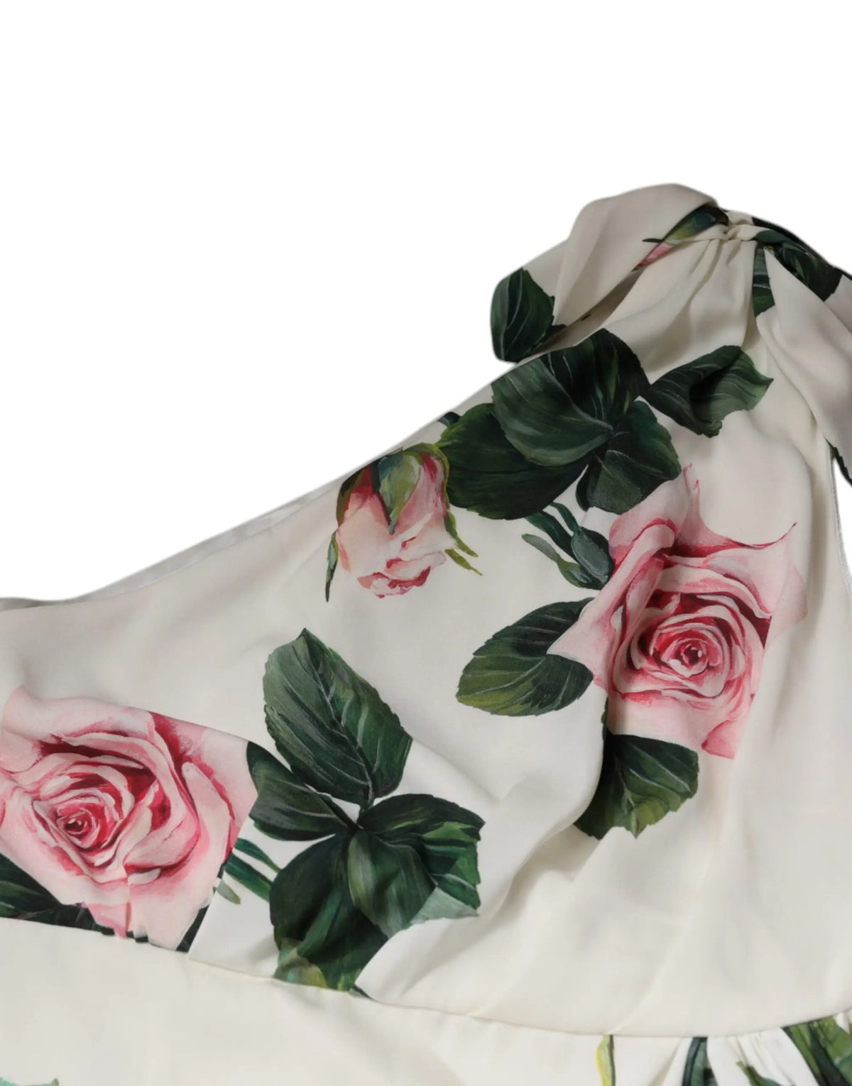 Robe midi en soie blanche dolce gabbana à épaule unique avec motif floral de roses roses et feuilles vertes