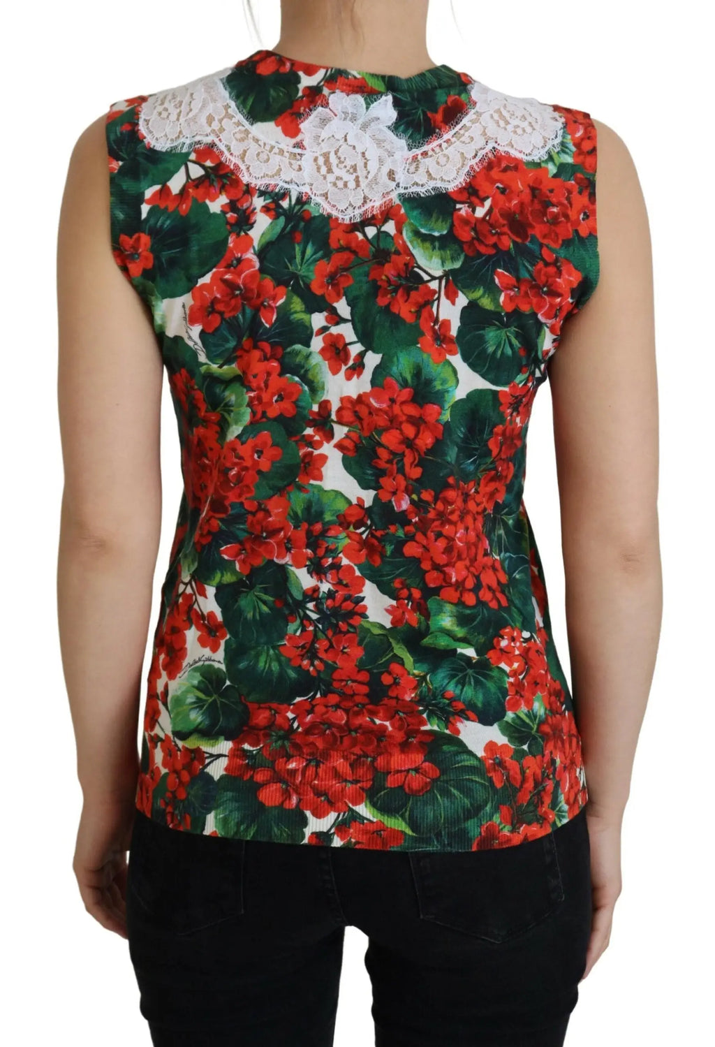 Dolce & gabbana white floral wool lace vest tank top with vibrant red and green floral print and delicate white lace collar