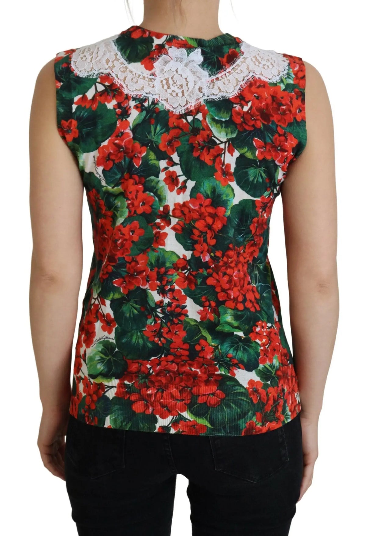 Dolce & gabbana white floral wool lace vest tank top with vibrant red and green floral print and delicate white lace collar