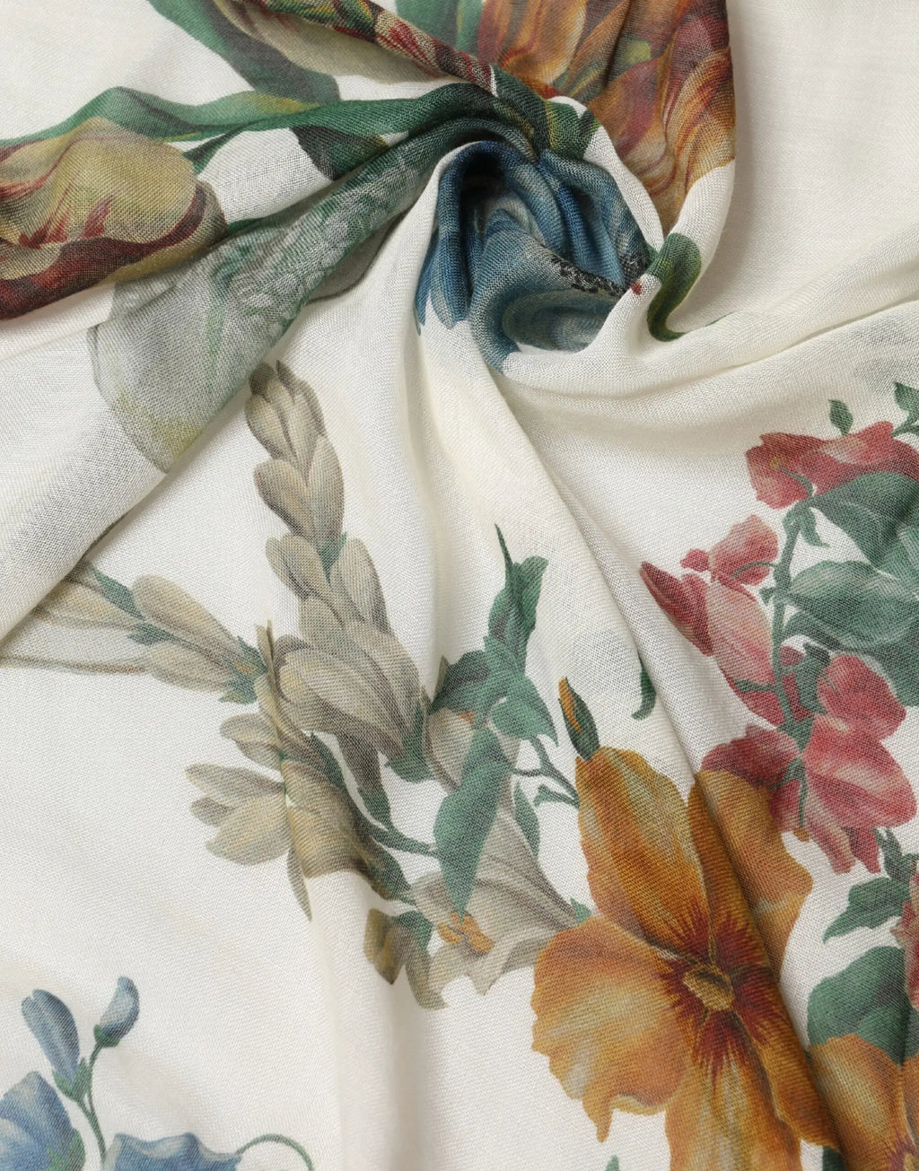 Dolce & gabbana cashmere stole wrap crème avec imprimé floral orange rose bleu et feuilles vertes 132cm x 128cm