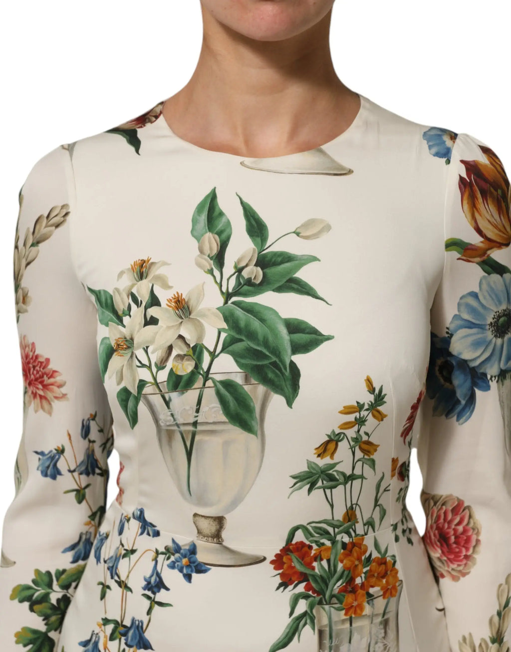 Robe crayon midi en soie crème dolce & gabbana avec imprimé botanique de fleurs blanches feuilles vertes et vases colorés