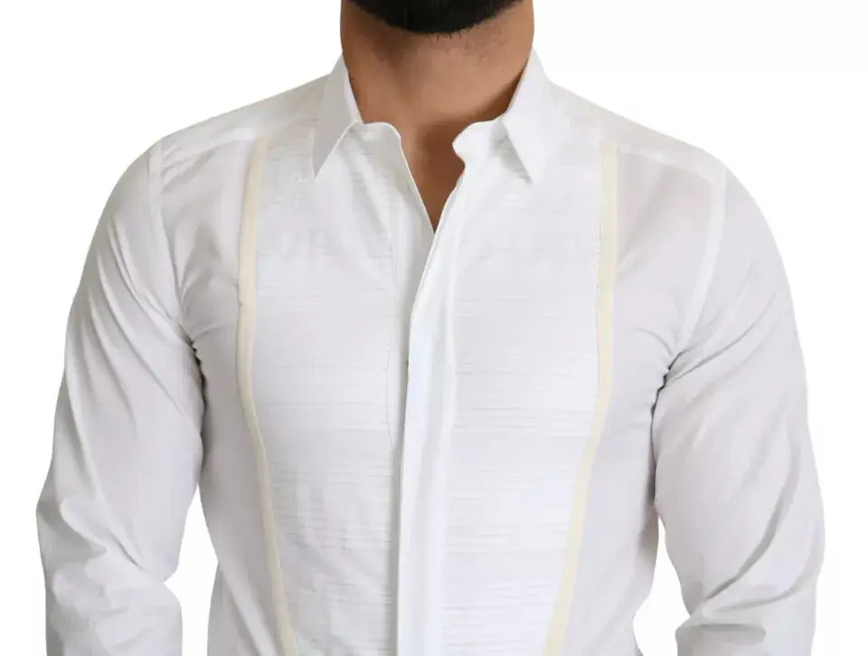 Chemise de costume blanche dolce & gabbana pour homme avec fines rayures crème verticales sur la patte de boutonnage