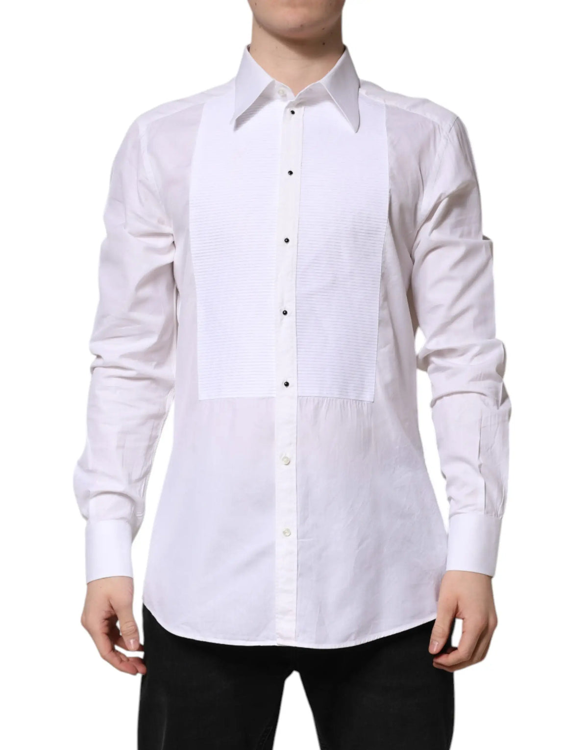 Chemise blanche Dolce & Gabbana en coton avec devant plissé style tuxedo et boutons noirs manches longues formelle