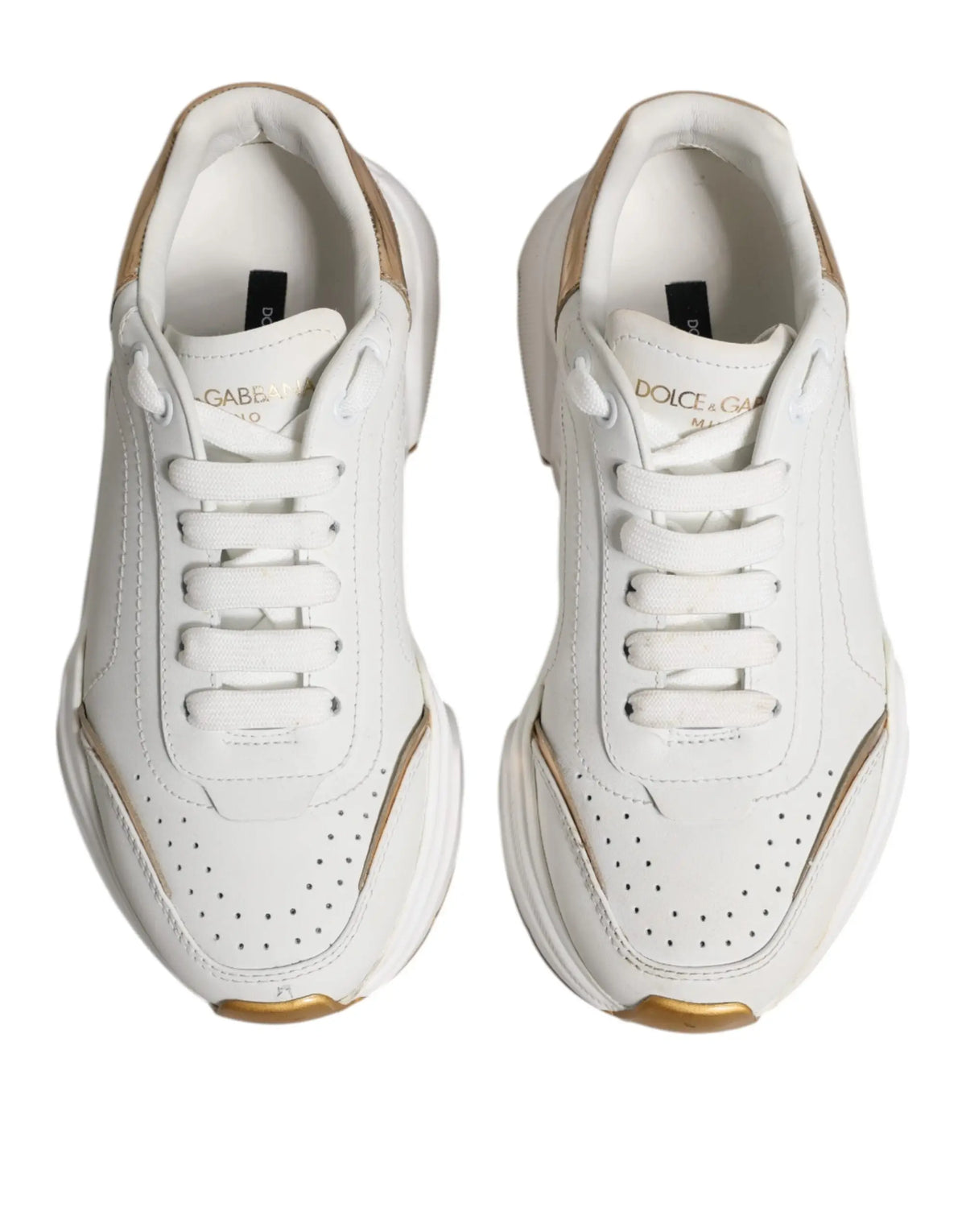 Baskets basses dolce & gabbana daymaster blanches en cuir avec accents dorés et semelle épaisse