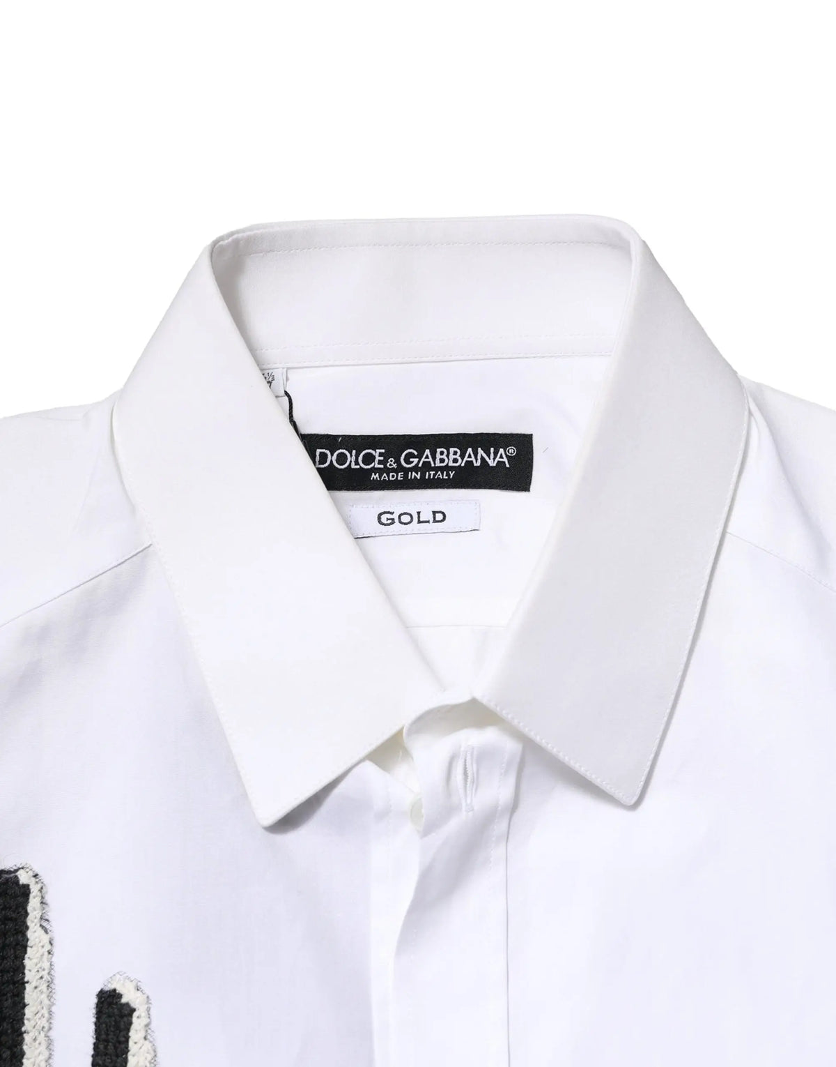 Chemise blanche dolce & gabbana en coton avec col rigide et broderie noire gold élégante sur la manche