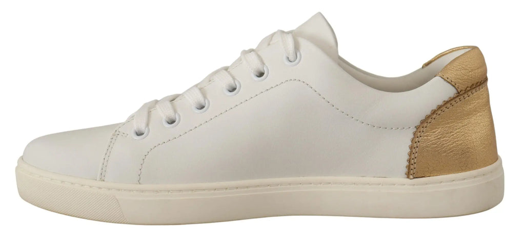 Sneakers dolce & gabbana blanches en cuir avec panneau métallique or à talon vue arrière