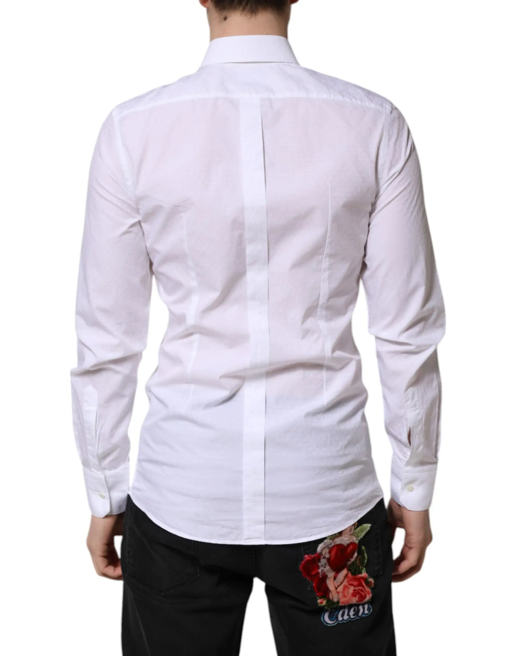 Chemise blanche dolce & gabbana gold en coton à manches longues vue de dos avec couture centrale et broderie florale