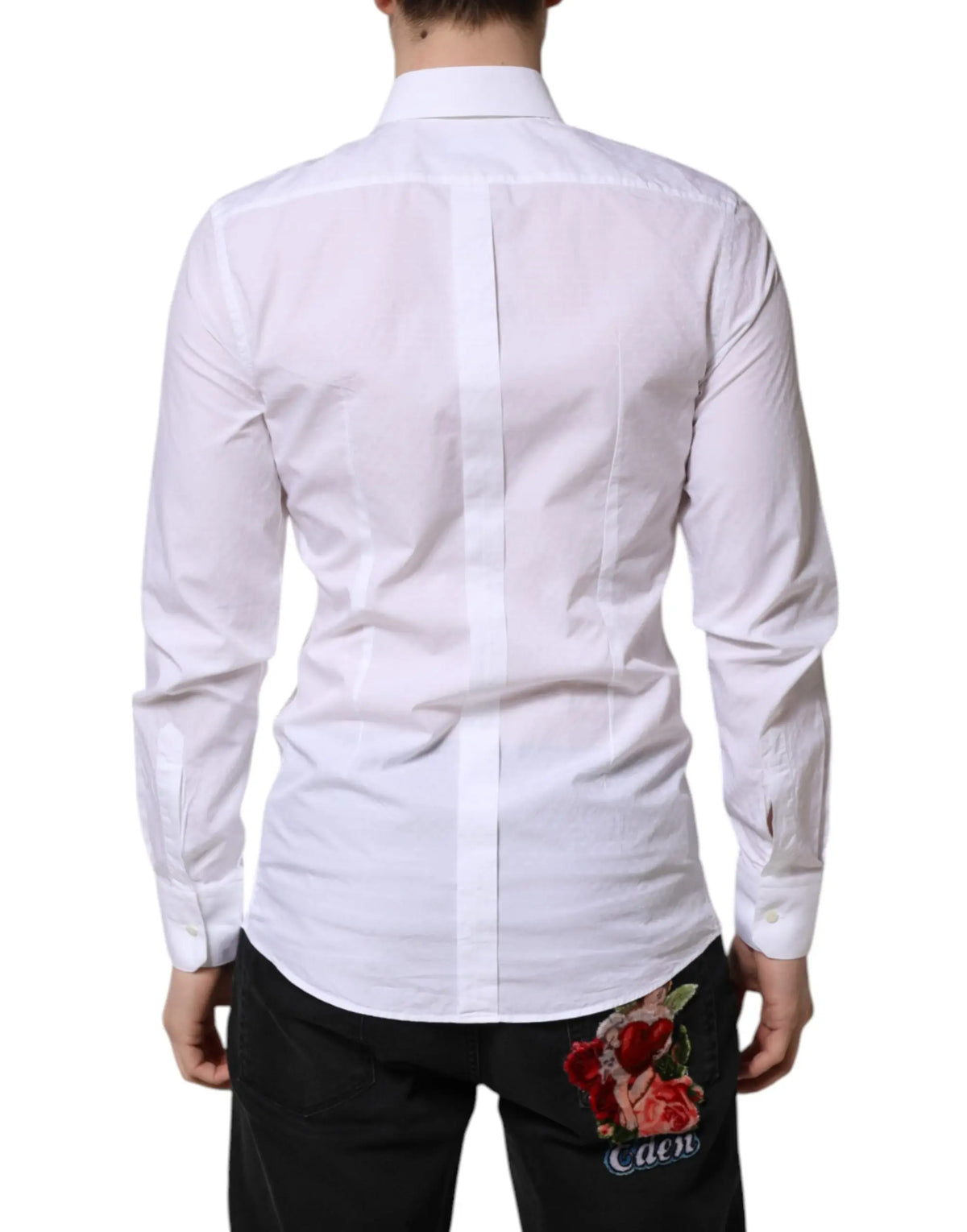 Chemise blanche dolce & gabbana gold en coton à manches longues vue de dos avec couture centrale et broderie florale
