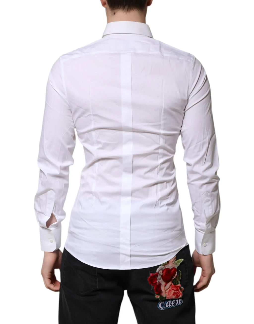 Chemise blanche à manches longues dolce & gabbana gold avec couture verticale subtile et roses rouges brodées au dos