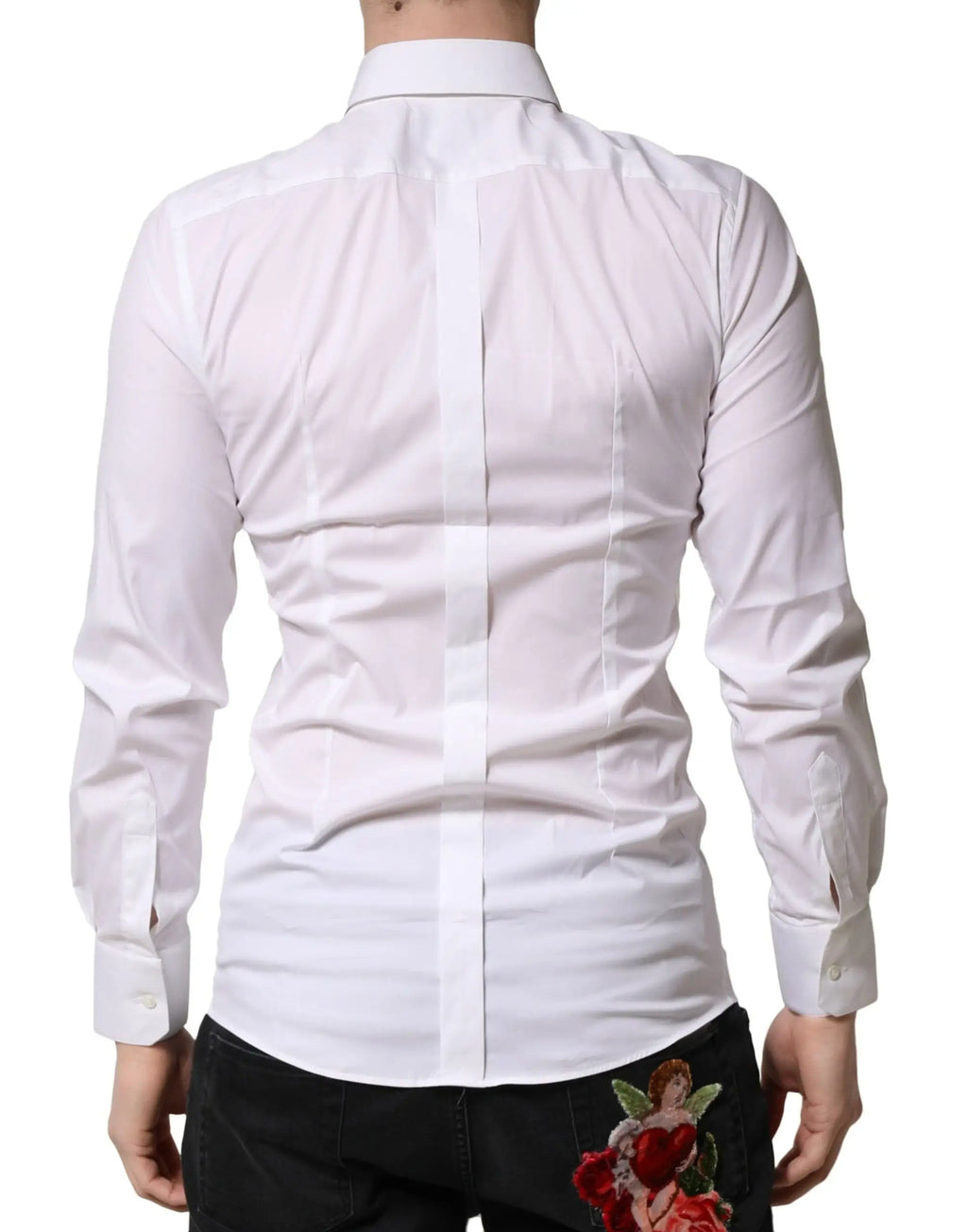 Chemise blanche dolce & gabbana gold homme manche longue en coton avec couture centrale et chérubin brodé au dos