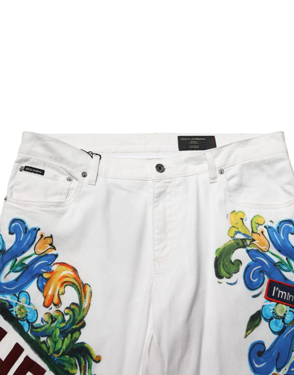 Jeans blanc dolce & gabbana en denim skinny or avec broderies florales colorées bleues, vertes, orange et jaunes