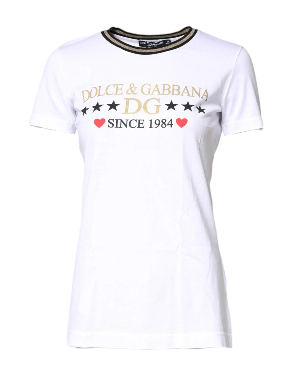 T-shirt blanc dolce & gabbana en coton avec logo étoile et cœur doré noir et texte since 1984 sur la poitrine