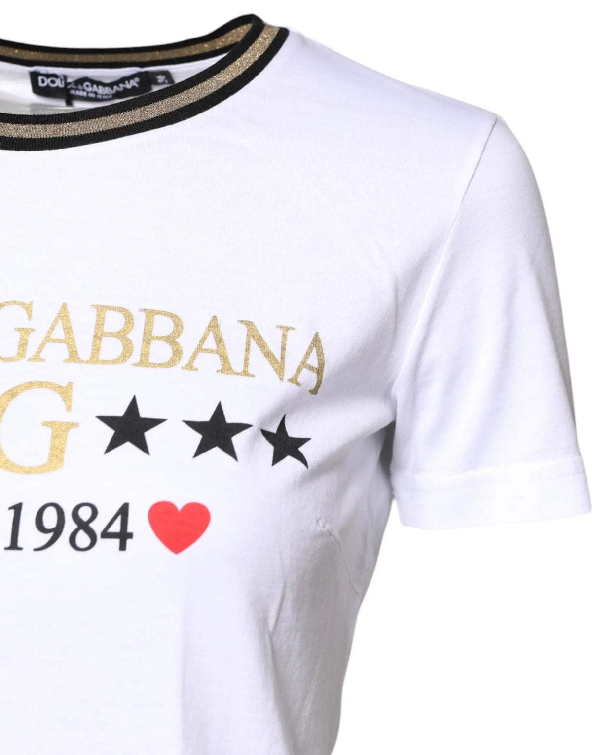 Dolce & gabbana t-shirt blanc en coton avec lettrage pailleté doré, étoiles noires et cœur rouge graphique