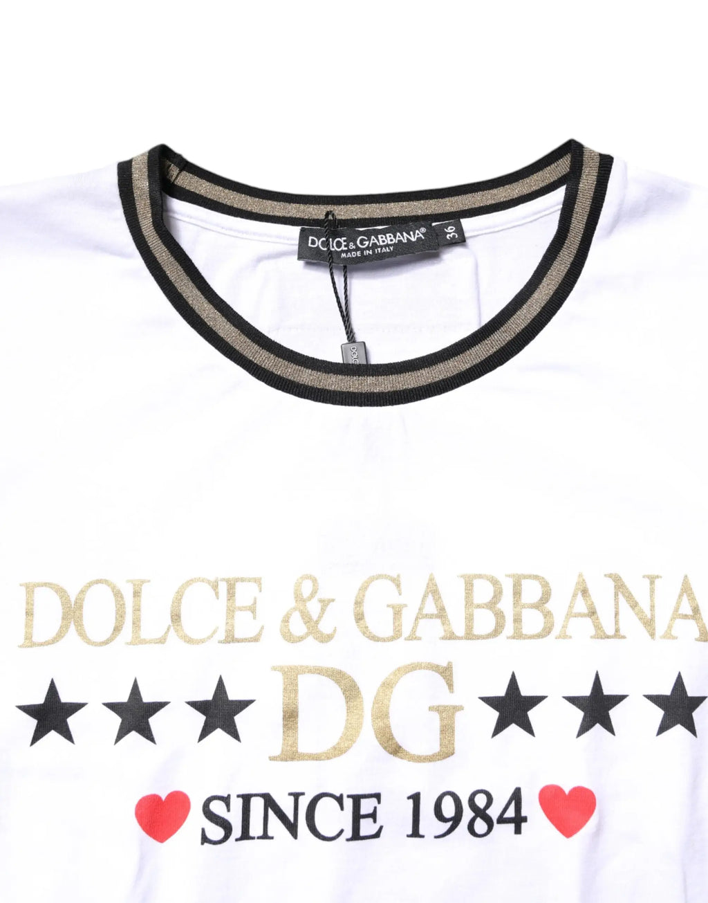 T-shirt blanc dolce & gabbana en coton avec lettrage doré et étoiles noires à col rond côtelé