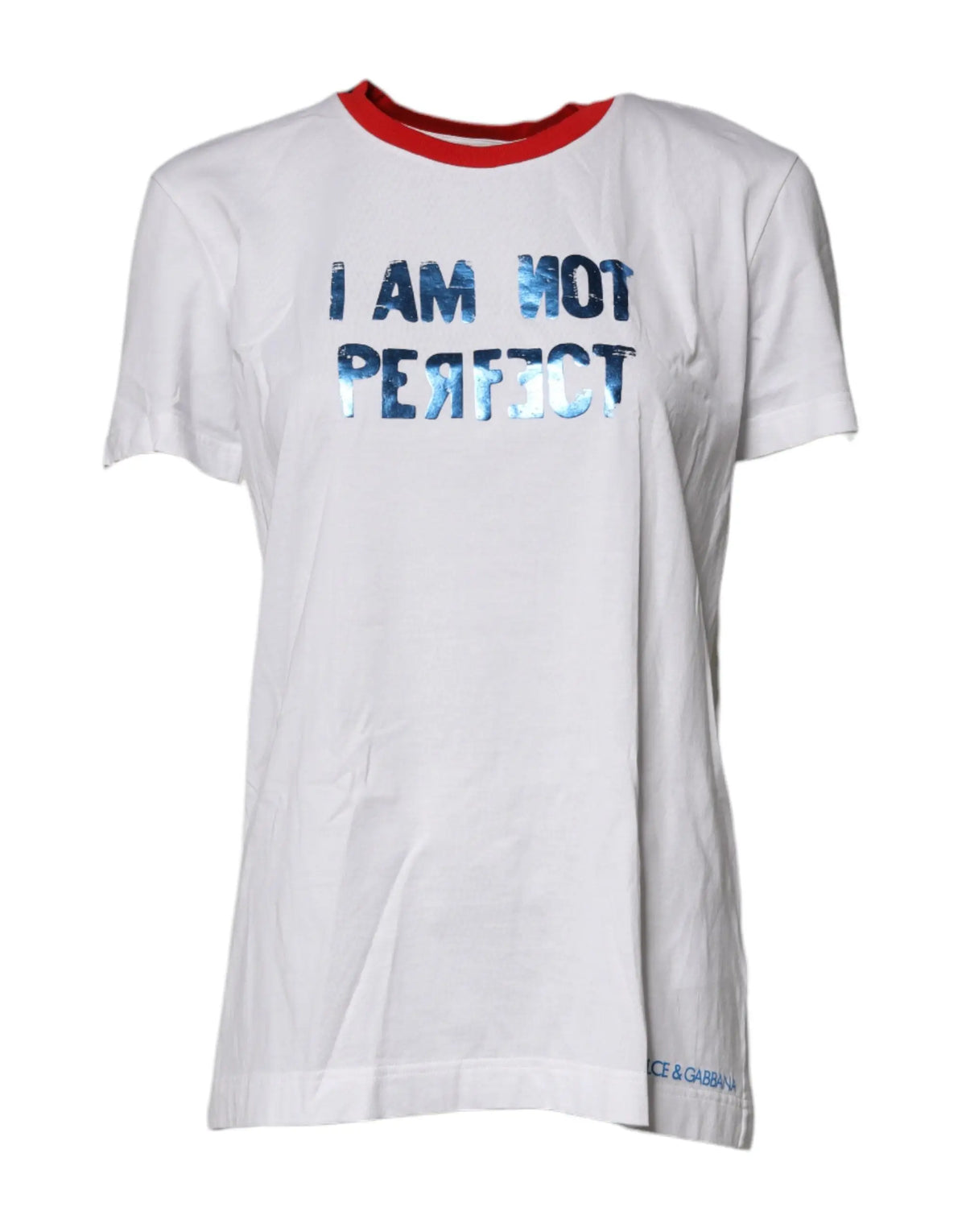 T-shirt blanc dolce & gabbana en coton avec col rond rouge et message i am not perfect en sequins bleus