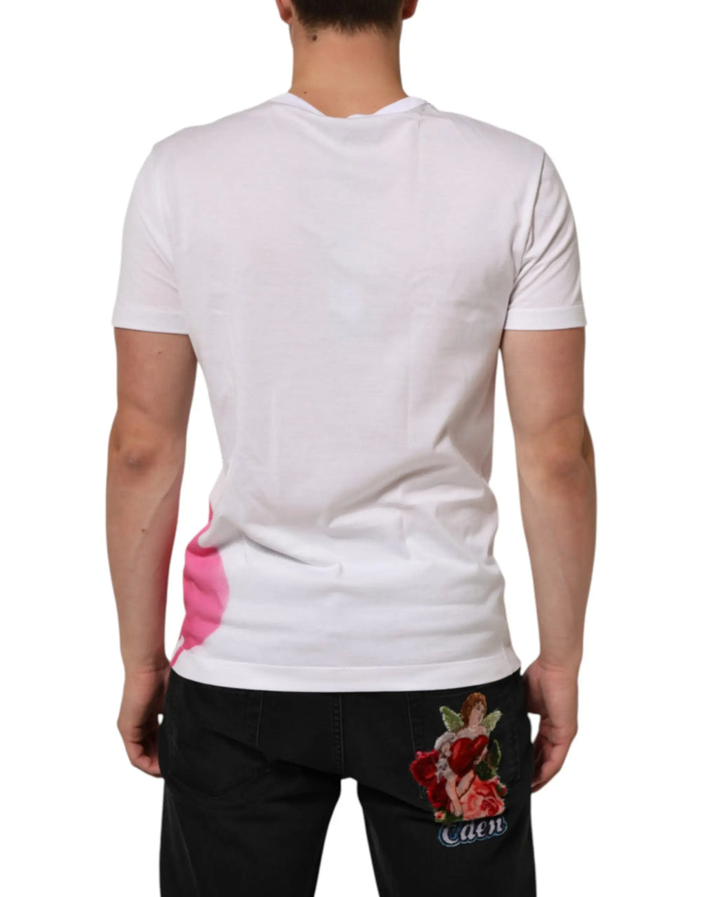 T-shirt blanc en coton dolce gabbana avec broderie rose vive sur le côté inférieur gauche