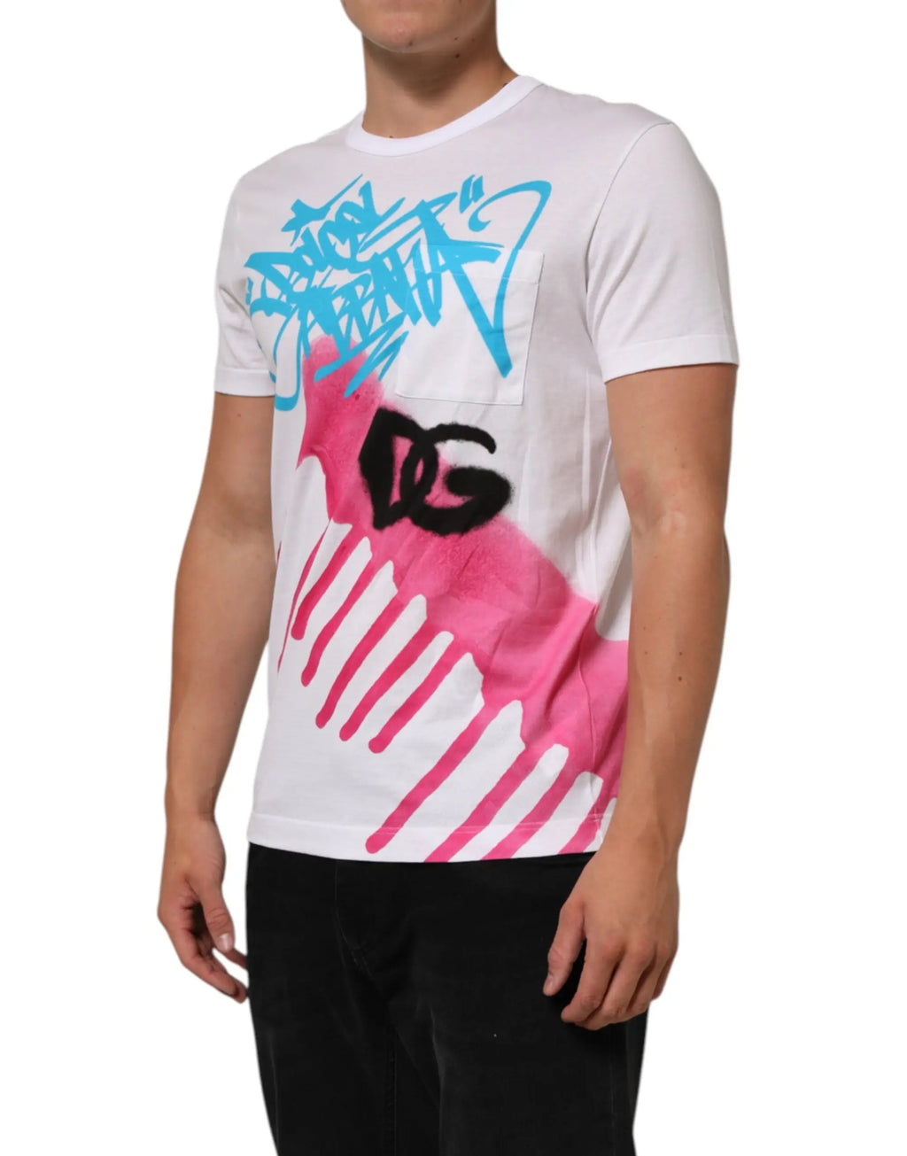 T-shirt blanc dolce gabbana en coton avec imprimé graphique graffiti turquoise et rose et logo dg noir