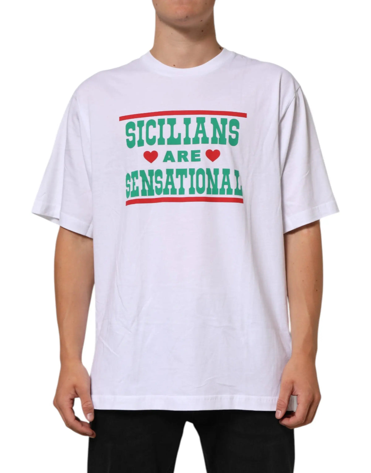 Dolce & Gabbana t-shirt en coton blanc avec texte vert et rouge sicilians are sensational et lignes horizontales assorties