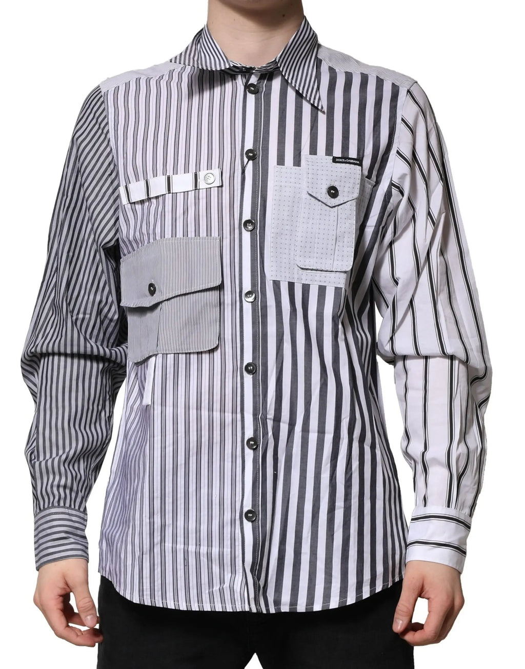 Chemise homme casual dolce & gabbana en coton blanc et gris à rayures verticales avec poches patchwork contrastées