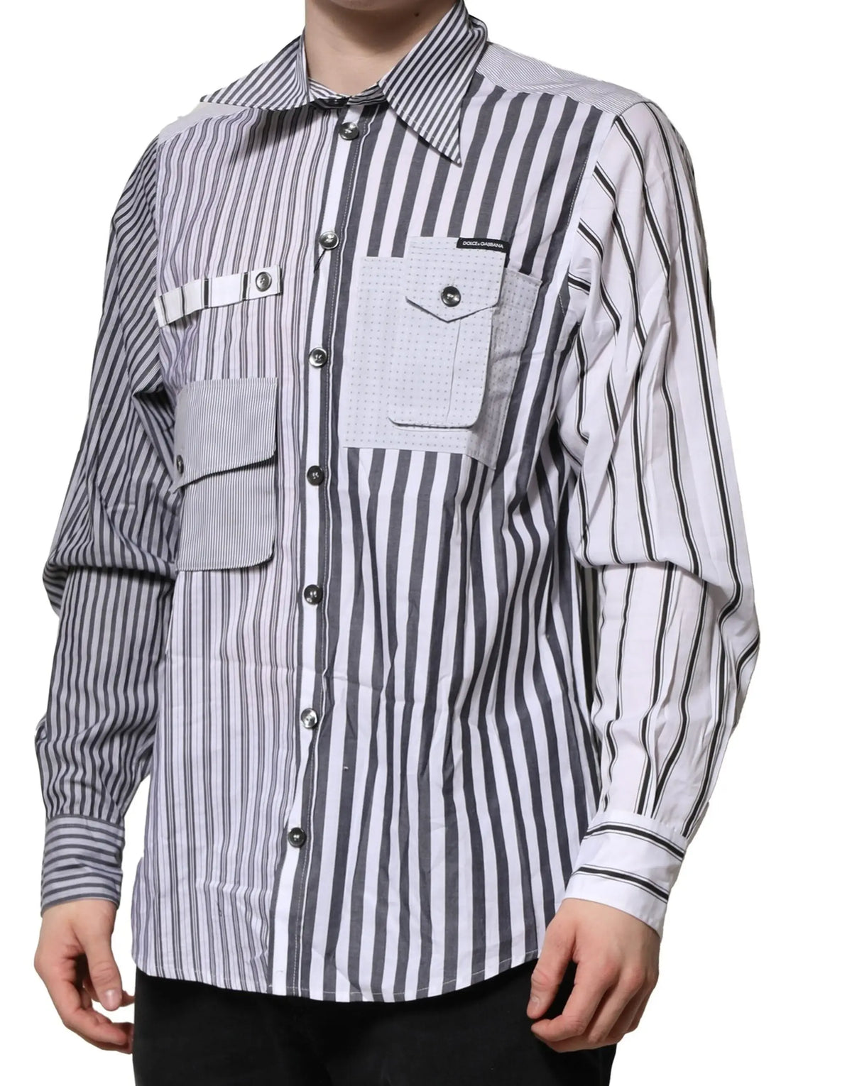 Chemise décontractée homme dolce & gabbana en coton blanc gris rayé à manches longues avec deux poches poitrine dont une texturée