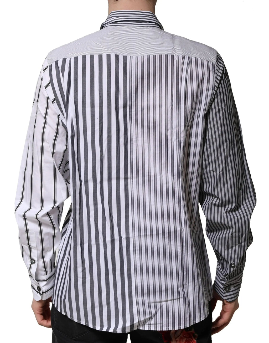 Chemise homme manches longues dolce gabbana coton rayures verticales blanches noires avec panneaux gris aux épaules